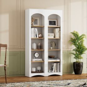 ON-TREND Free Standing 5 Tier Bookshelves, Bookcases Set of 2, Farmhouse Two-Tone Storage Cabinet with Adjustable Shelves