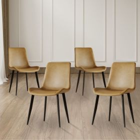 Modern dining chair set of 4 pieces, brown PU leather seats and black carbon steel legs, suitable for home, restaurant