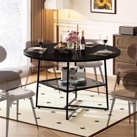 51'' Round Dining Table for 4-6  Tiger Stripes/Black Wooden Dining Room Table with Storage Shelf Space Saving Circle Dinner Table with Metal Legs