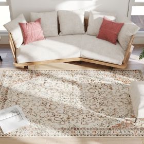 Area Rug 5x7, Machine Washable Rug, Non-Slip Classical Floral Print Floor Carpet for Living Room, Bedroom, Mixed-Brown