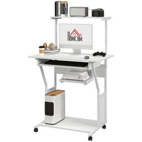 32" Mobile Computer Table, Rolling Study Desk for Home Office with Keyboard Tray, Storage Shelves, Wheels, White