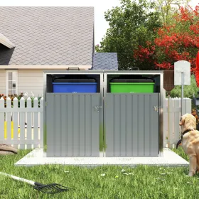 Garbage Bin Shed Stores 2 Trash Cans Metal Outdoor Bin Shed For Garbage Storage,54 Cubic Feet Of Space,Stainless Galvanized Steel, Bin Shed For G (Option: defaulttitle)