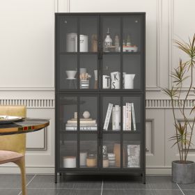Premium Black Metal Storage Cabinet with Tempered Glass Doors, Adjustable Shelves, Anti-Tipping Device, Magnetic Silent Closure (Color: BLACK)